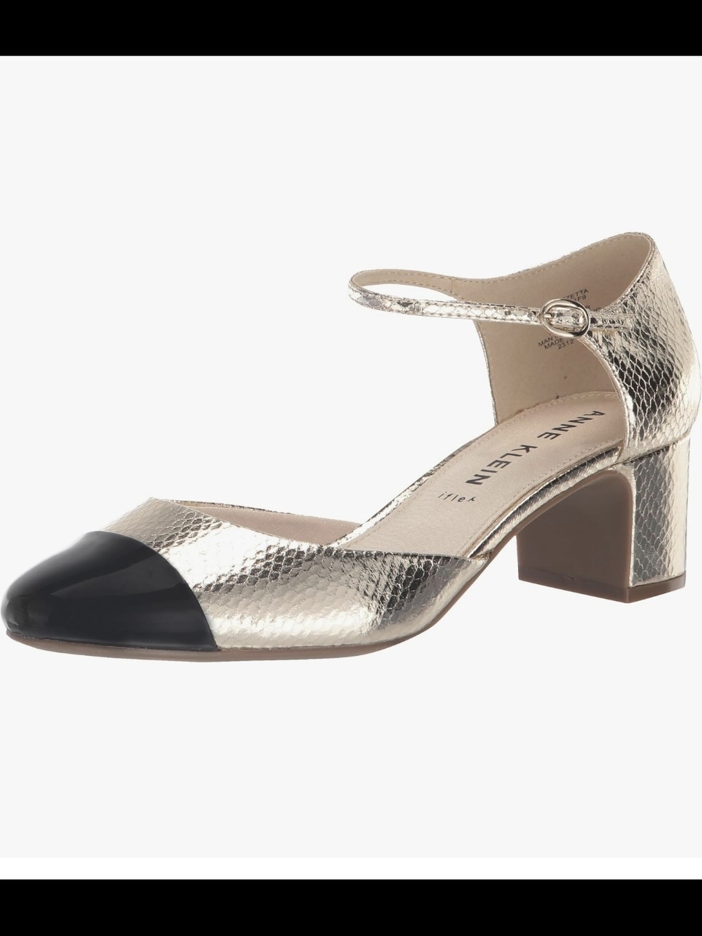 ANNE KLEIN  Metallic Gold and Black Cap-Toe Iflex  Ankle Strap Pump